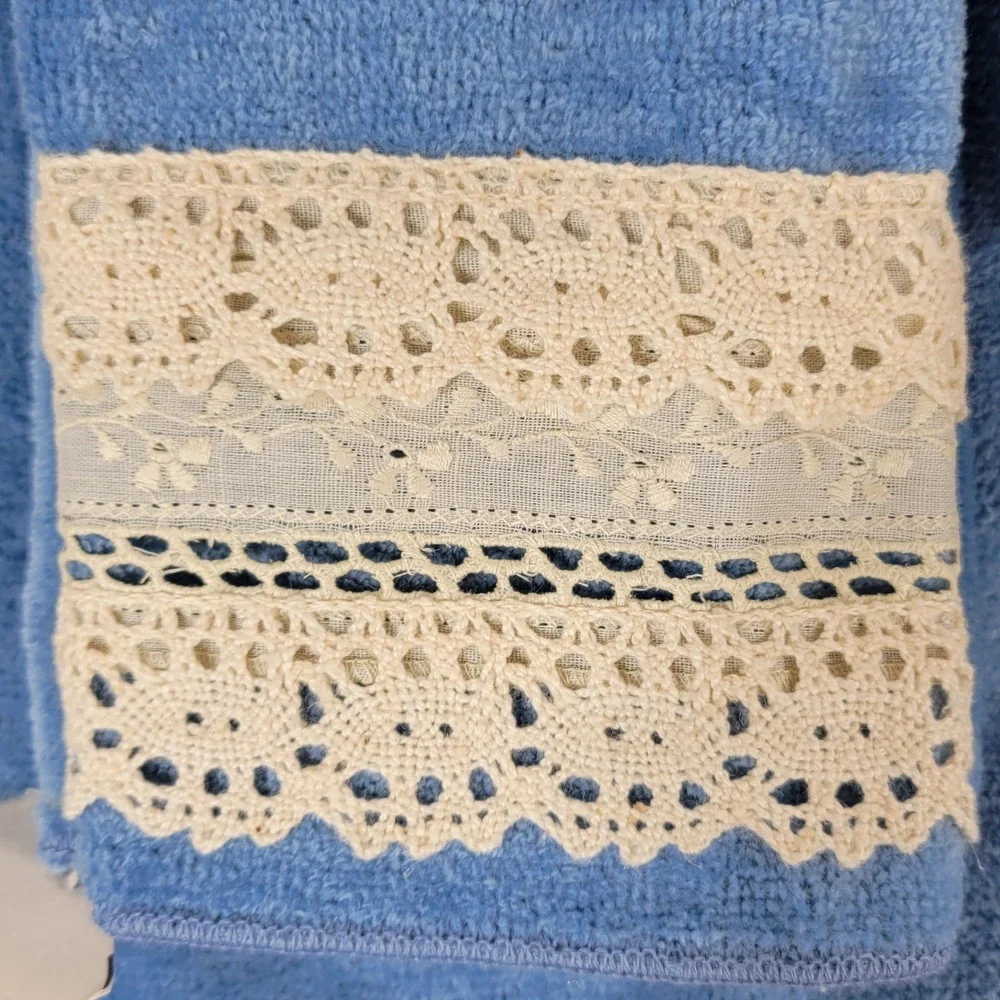 Caldwell Tara Towel Set 5 Pc Blue Crochet Lace Trim Eyelet Cottagecore NWT